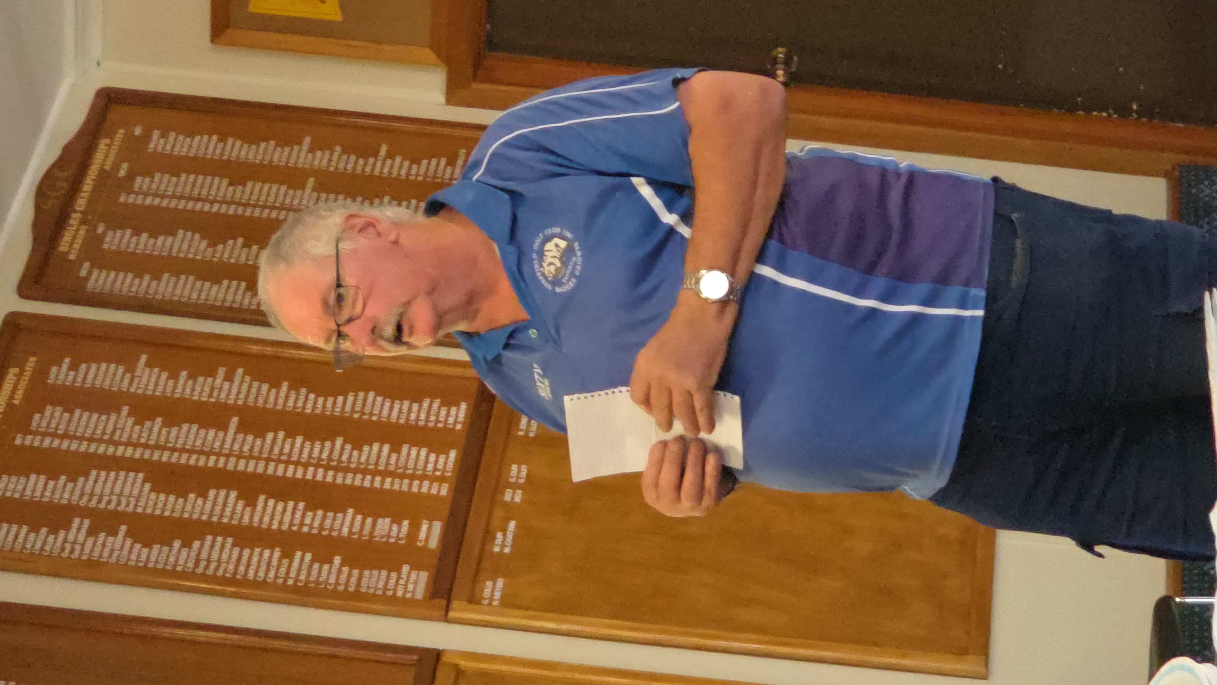 Captain and Life Member, Greg Collis, announced the winners of teh golf competition and participation prizes